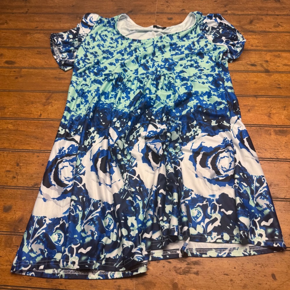 Reborn New York Womens Plus 2X Blue‎ Mint Abstract Floral Babydoll Short Sleeve